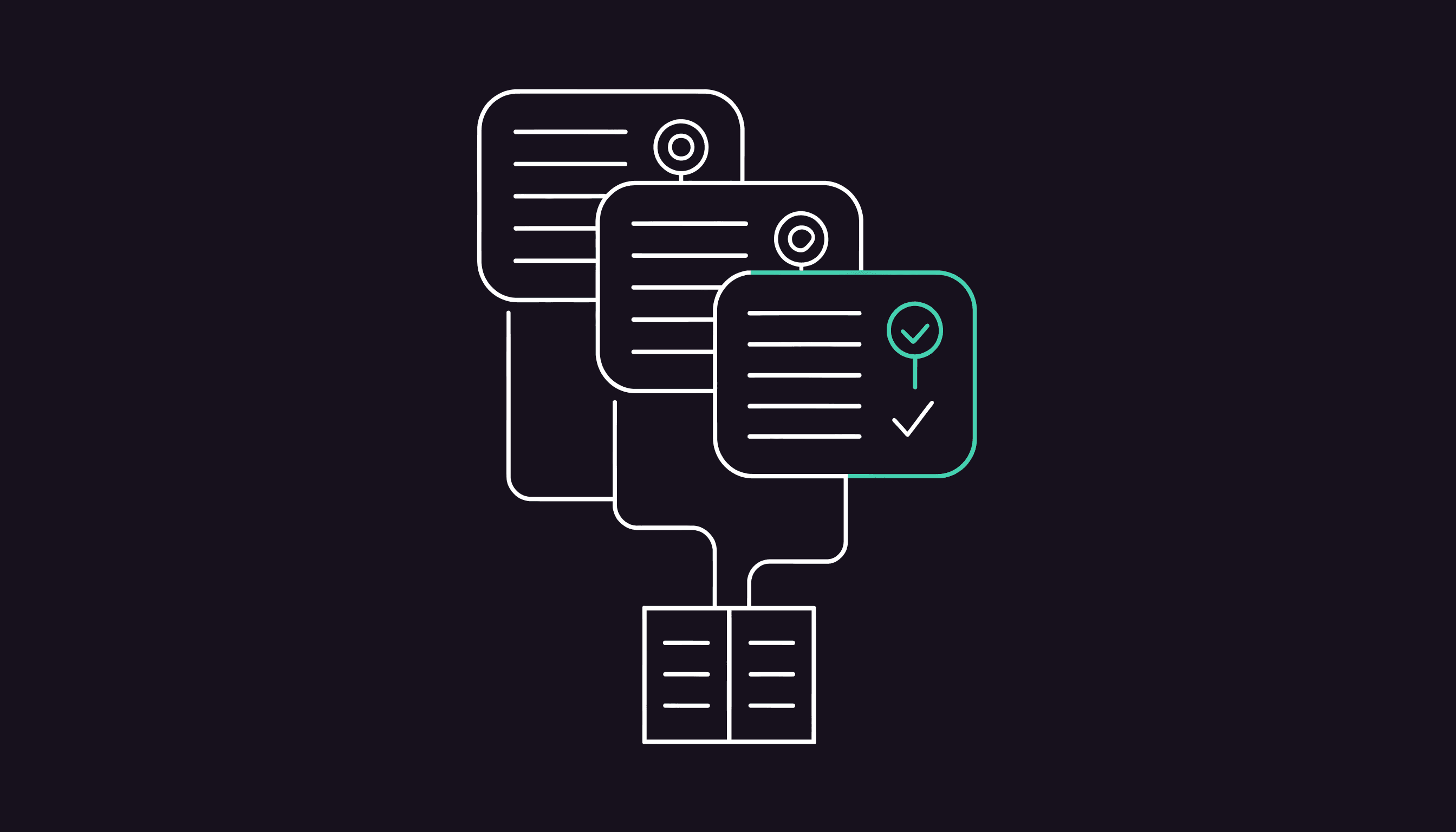 Stacked document cards with verification seals feeding into a ledger block