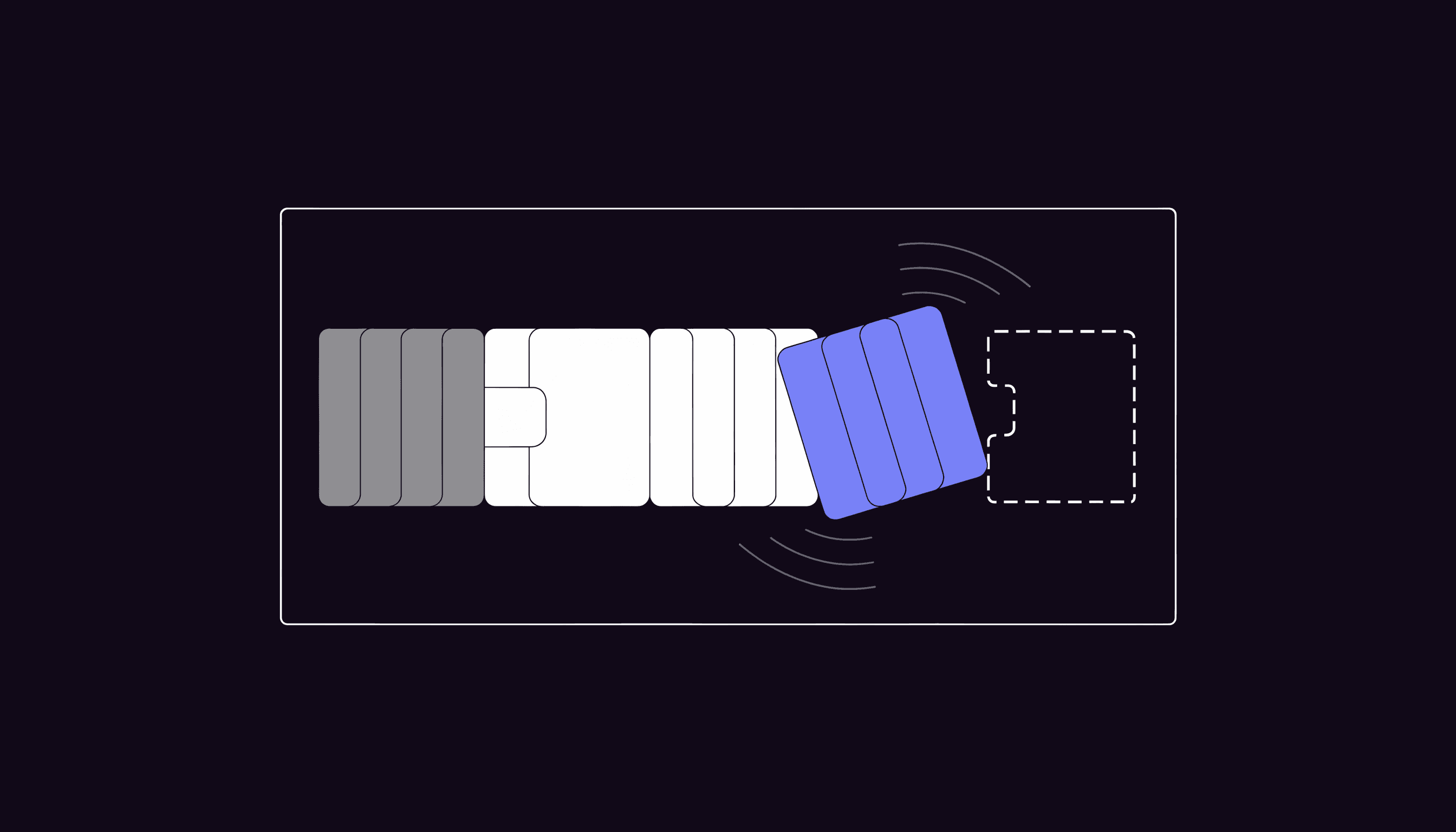 Modular blocks sliding into an outlined frame with one dashed empty slot