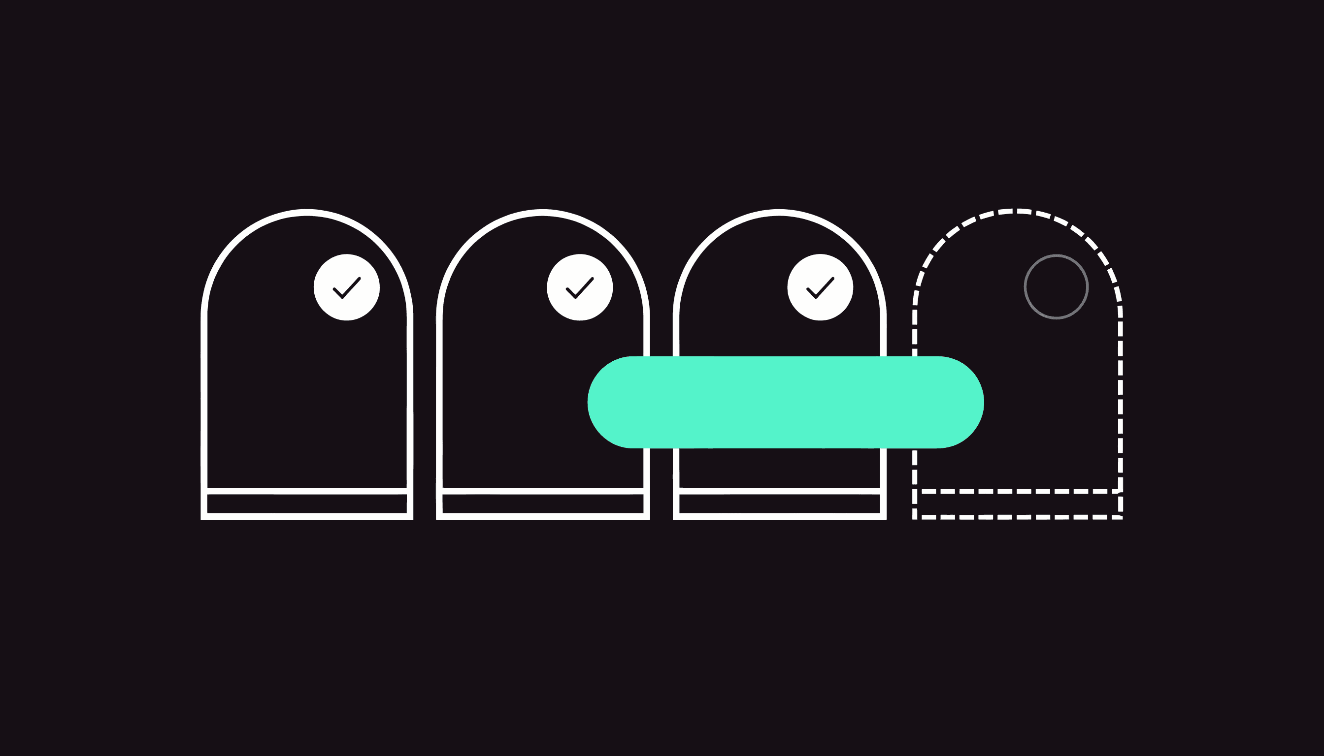 Four gates, three carrying checkmarks and one dashed and unproven, blocking an artifact